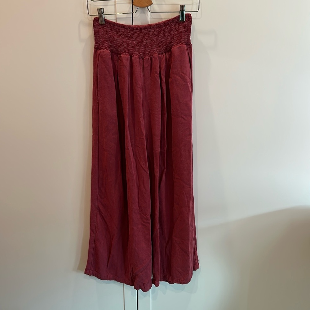 Smocked waist linen wide leg pants